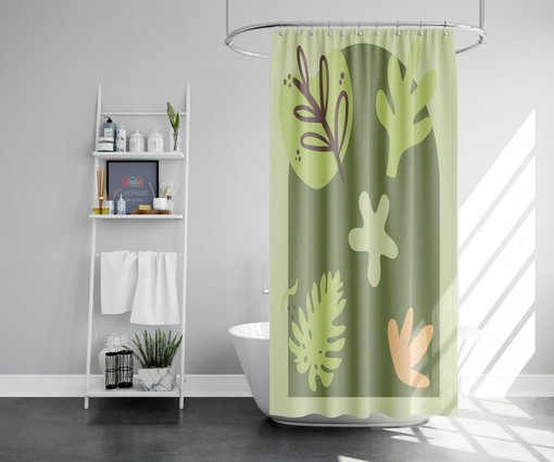 Tropical Monstera Fabric Abstract Bohemian Green Leaves Shower Curtain - Image 2