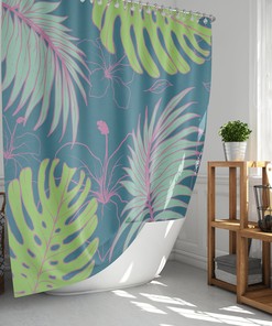 Tropical Palm Leaf Botanical Shower Curtain | Monstera Forest Print | Bathroom Decor