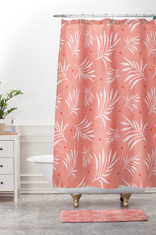 Tropical Print Shower Curtain with Living Coral Decor for Surfing Beach House Bathroom