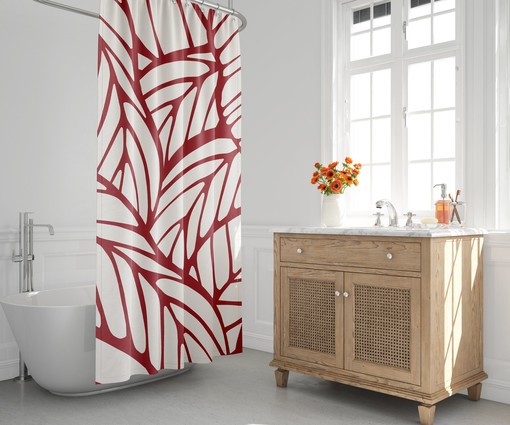 Tropical Red Shower Curtain - Minimalist Abstract Design for Bathroom Decor with Leaf and Botanical