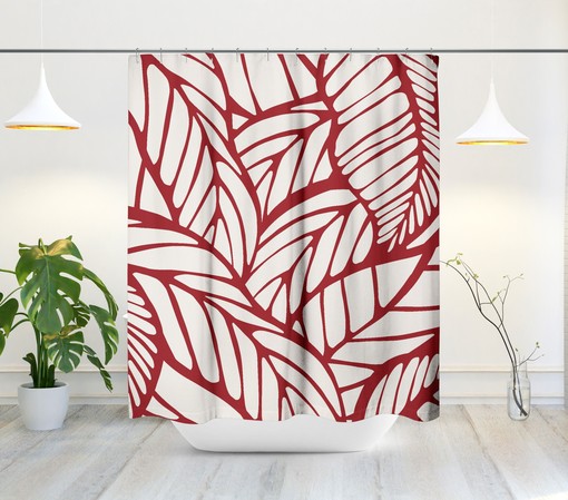 Tropical Red Shower Curtain - Minimalist Abstract Design for Bathroom Decor with Leaf and Botanical - Image 2