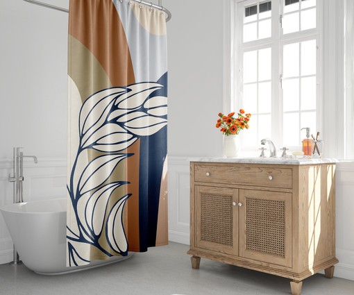 Tropical Shower Curtain with Leaf Botanical Design, Mid-Century Minimalist Style, Stylish Bath