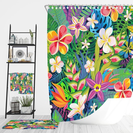 Tropical Wildflower Floral Shower Curtain Set with Bath Accessories - Refreshing and Exotic Bathroom Decor