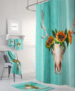 Turquoise Vintage Sunflower and Deer Skull Shower Curtain, Western Bathroom Decor