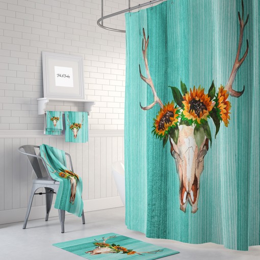 Turquoise Vintage Sunflower and Deer Skull Shower Curtain, Western Bathroom Decor