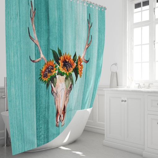 Turquoise Vintage Sunflower and Deer Skull Shower Curtain, Western Bathroom Decor - Image 2