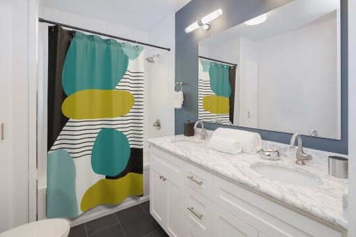 Turquoise and Green MCM Shower Curtain with Abstract Retro Design - Image 2