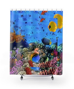 Underwater Coral Reef and Fish Shower Curtain for Seaside Bathroom