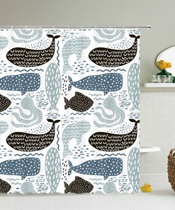 Underwater Marine Mammals Print Shower Curtain | Whales and Octopus Graphic Ocean Home Bath Decor