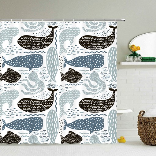 Underwater Marine Mammals Print Shower Curtain | Whales and Octopus Graphic Ocean Home Bath Decor