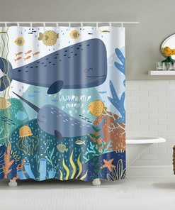 Underwater World Shower Curtain | Whale and Fish Ocean Sea Fishes Corals Starfish Bathroom Curtain