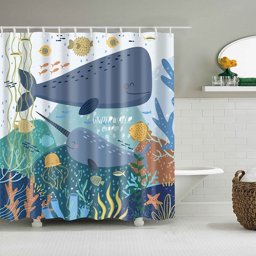Underwater World Shower Curtain | Whale and Fish Ocean Sea Fishes Corals Starfish Bathroom Curtain