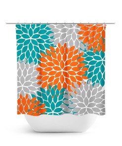 Unique Aqua Orange Teal Floral Shower Curtain | Bath Curtain for Girls Bathroom Decor
