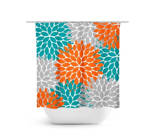 Unique Aqua Orange Teal Floral Shower Curtain | Bath Curtain for Girls Bathroom Decor