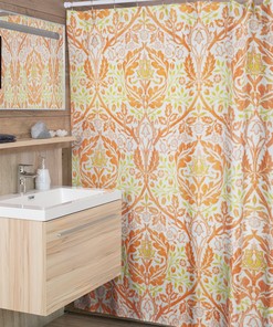 Unique Art Nouveau Shower Curtain with Abstract Patterns in Orange and White