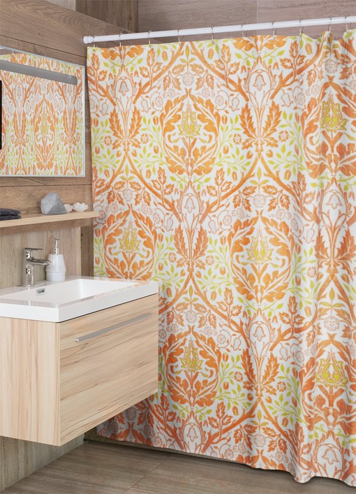 Unique Art Nouveau Shower Curtain with Abstract Patterns in Orange and White
