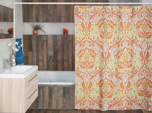 Unique Art Nouveau Shower Curtain with Abstract Patterns in Orange and White - Image 2