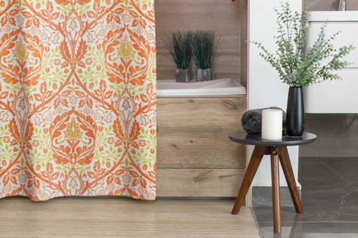 Unique Art Nouveau Shower Curtain with Abstract Patterns in Orange and White - Image 3