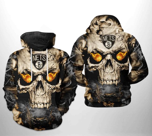 Unique Brooklyn Nets NBA Skull All-Over Print Hoodie