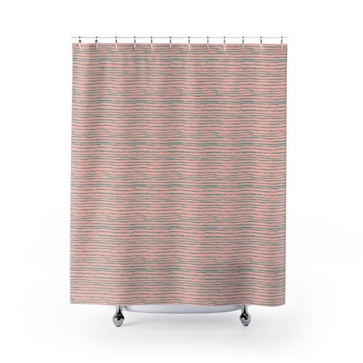 Unique Coastal Beach House Decor Colorful Shower Curtain with Coral Peach Pink Pineapples and Stripes - Image 2