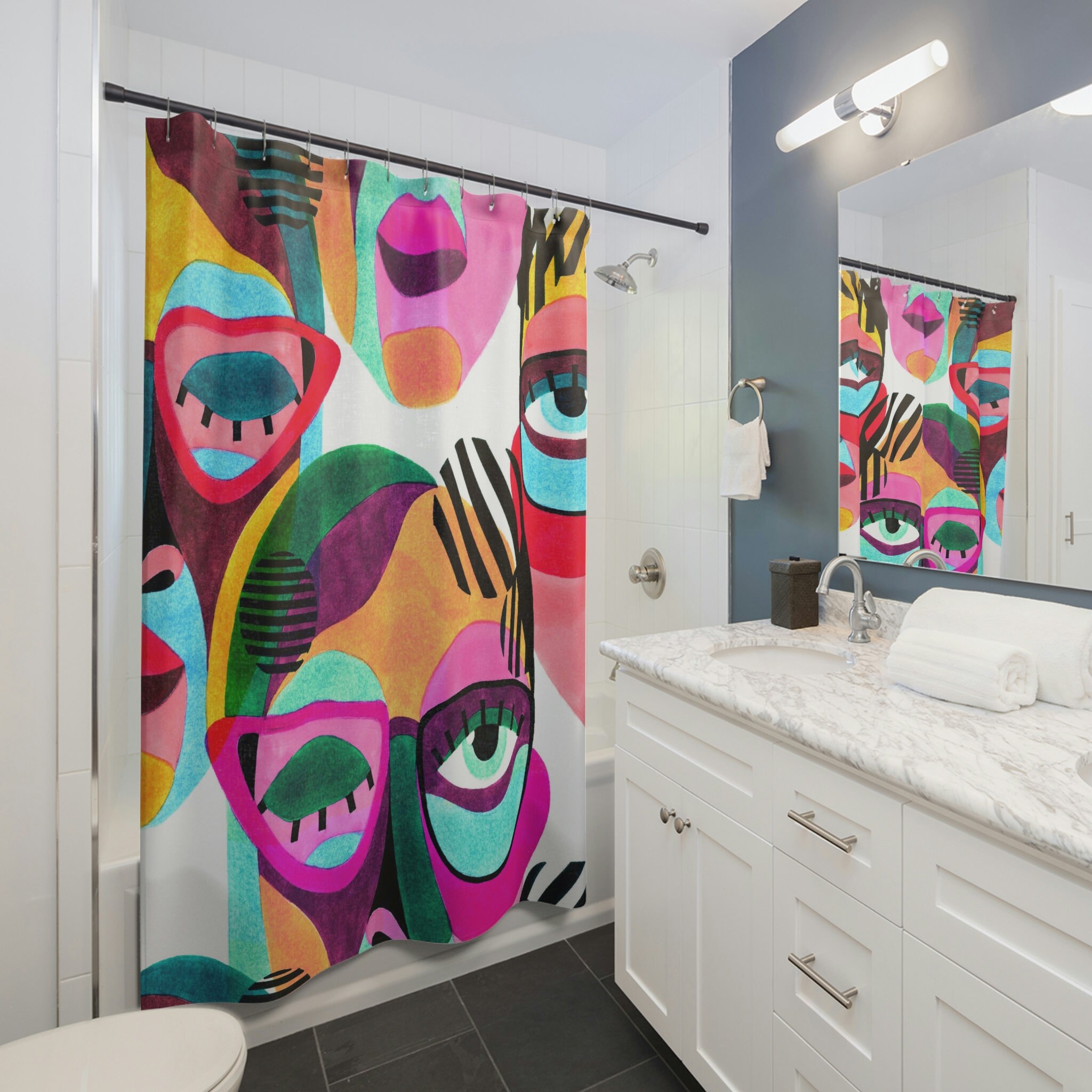 Unique Cubism Art Shower Curtain for Eclectic Vintage Bathroom Decor and Housewarming Gift - Image 2