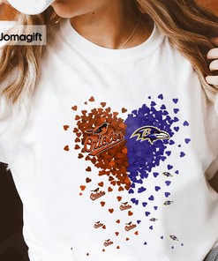 Unique Heart Shape T-Shirt for Fans: Baltimore Orioles and Baltimore Ravens Tiny Heart Shape T-Shirt with Team Logos