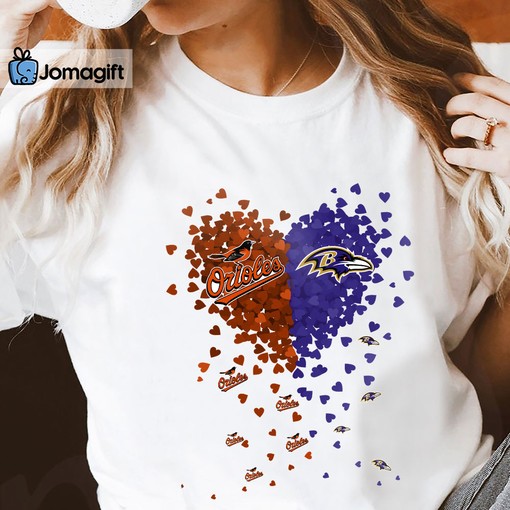 Unique Heart Shape T-Shirt for Fans: Baltimore Orioles and Baltimore Ravens Tiny Heart Shape T-Shirt with Team Logos