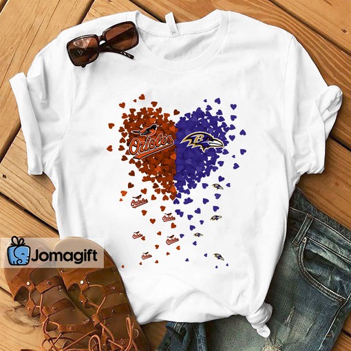Unique Heart Shape T-Shirt for Fans: Baltimore Orioles and Baltimore Ravens Tiny Heart Shape T-Shirt with Team Logos - Image 2