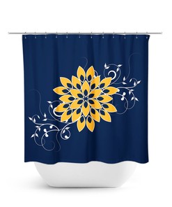 Unique Navy Blue Gold Flower Shower Curtain | Artistic Floral Bath Decor for Yellow Bathroom