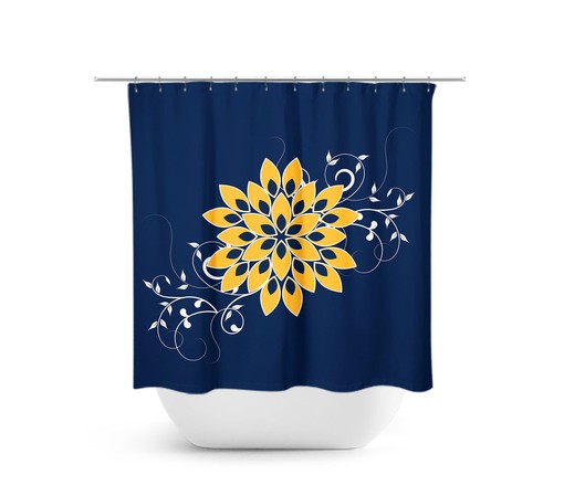 Unique Navy Blue Gold Flower Shower Curtain | Artistic Floral Bath Decor for Yellow Bathroom
