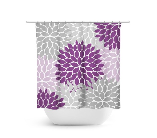 Unique Purple Gray Floral Shower Curtain | Modern Bathtub Curtain for Purple Bathroom
