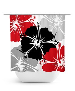 Unique Red Black Gray Hibiscus Shower Curtain | Custom Bathtub Curtain for Red Bathroom Decor
