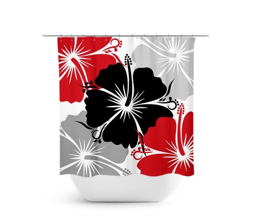 Unique Red Black Gray Hibiscus Shower Curtain | Custom Bathtub Curtain for Red Bathroom Decor