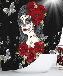 Unique Red Roses Sugar Skull Shower Curtain Set with Day of the Dead Bath Items for Gothic Bathroom Decor