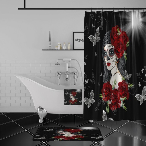Unique Red Roses Sugar Skull Shower Curtain Set with Day of the Dead Bath Items for Gothic Bathroom Decor - Image 2