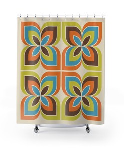 Unique Retro Geometric Shower Curtain, Boho 60's 70's Hippie Bathroom Accessory, Vintage Curtain with Charm