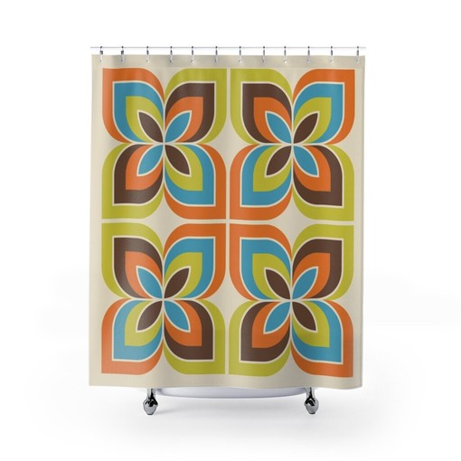 Unique Retro Geometric Shower Curtain, Boho 60's 70's Hippie Bathroom Accessory, Vintage Curtain with Charm