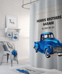 Unique Shower Curtain for Garage Mechanic Bathroom Theme featuring Vintage Blue Truck and Personalization - SHOWER118