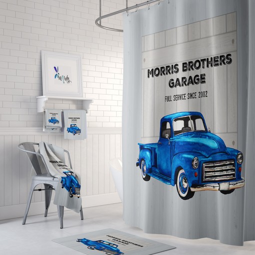Unique Shower Curtain for Garage Mechanic Bathroom Theme featuring Vintage Blue Truck and Personalization - SHOWER118