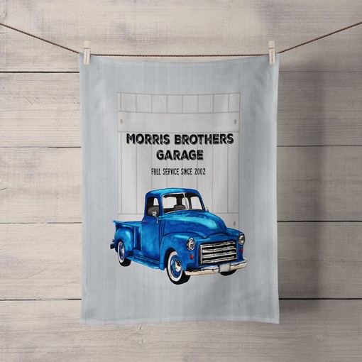 Unique Shower Curtain for Garage Mechanic Bathroom Theme featuring Vintage Blue Truck and Personalization - SHOWER118 - Image 2