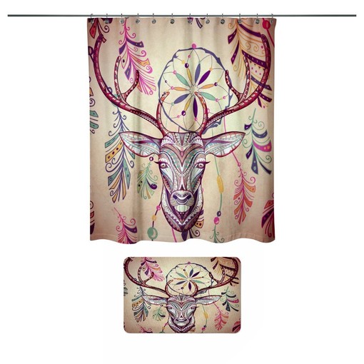 Unique Shower Curtains Boho Shower Curtain with Deer Dreamcatcher and Primitive Grunge Print - Image 2