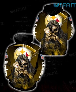 Unique Skeleton Holding Card Logo - Black Steelers 3D All Over Print Hoodie with Bold Design