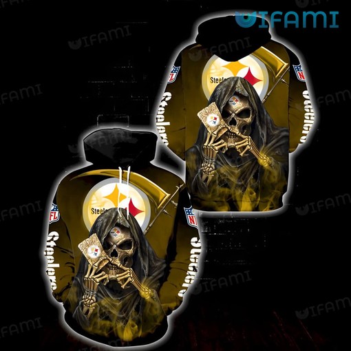 Unique Skeleton Holding Card Logo - Black Steelers 3D All Over Print Hoodie with Bold Design