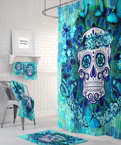 Unique Sugar Skull Butterflies Shower Curtain Set with Teal Towels for Boho Bathroom Decor