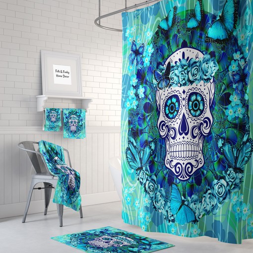 Unique Sugar Skull Butterflies Shower Curtain Set with Teal Towels for Boho Bathroom Decor