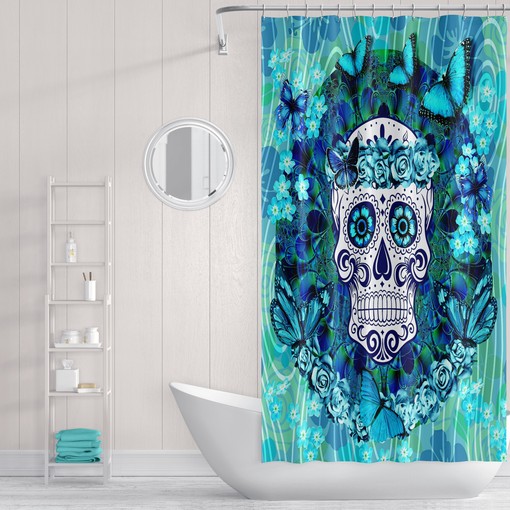 Unique Sugar Skull Butterflies Shower Curtain Set with Teal Towels for Boho Bathroom Decor - Image 2