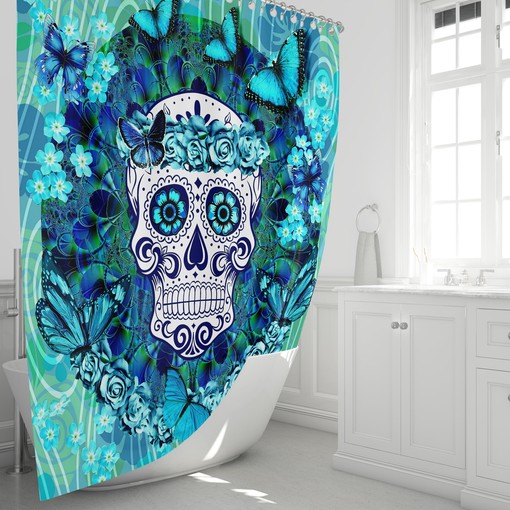 Unique Sugar Skull Butterflies Shower Curtain Set with Teal Towels for Boho Bathroom Decor - Image 3