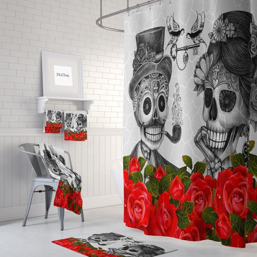Unique Sugar Skull Couple Shower Curtain with Gothic Bathroom Decor for Edgy Romance