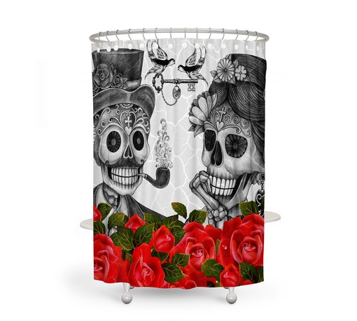 Unique Sugar Skull Couple Shower Curtain with Gothic Bathroom Decor for Edgy Romance - Image 2