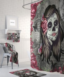 Unique Sugar Skull and Butterfly Red Rose Shower Curtain Set for Gothic Bathroom Decor